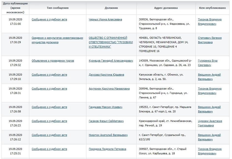 Внешний вид реестра банкротств
